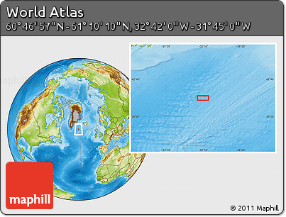 Physical Location Map of the Area around 60° 58' 34" N, 32° 13' 30" W