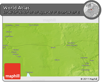 Physical 3D Map of the Area around 60° 58' 34" N, 39° 10' 29" E