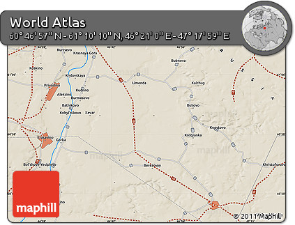 Shaded Relief Map of the Area around 60° 58' 34" N, 46° 49' 30" E