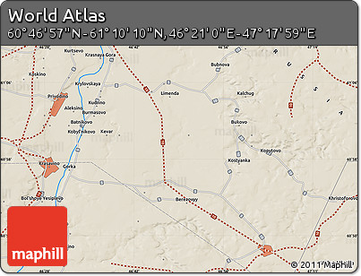 Shaded Relief Map of the Area around 60° 58' 34" N, 46° 49' 30" E