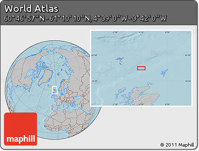 Gray Location Map of the Area around 60° 58' 34" N, 4° 10' 30" W, hill shading