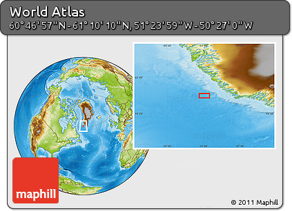 Physical Location Map of the Area around 60° 58' 34" N, 50° 55' 29" W
