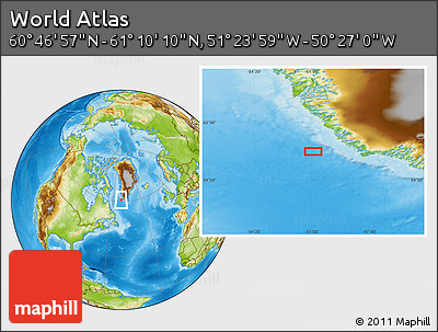 Physical Location Map of the Area around 60° 58' 34" N, 50° 55' 29" W