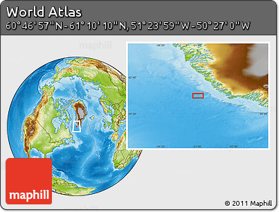 Physical Location Map of the Area around 60° 58' 34" N, 50° 55' 29" W