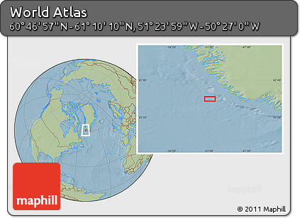Savanna Style Location Map of the Area around 60°&nbsp;58'&nbsp;34"&nbsp;N,&nbsp;50°&nbsp;55'&nbsp;29"&nbsp;W, hill shading