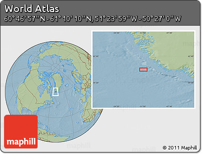 Savanna Style Location Map of the Area around 60°&nbsp;58'&nbsp;34"&nbsp;N,&nbsp;50°&nbsp;55'&nbsp;29"&nbsp;W, hill shading