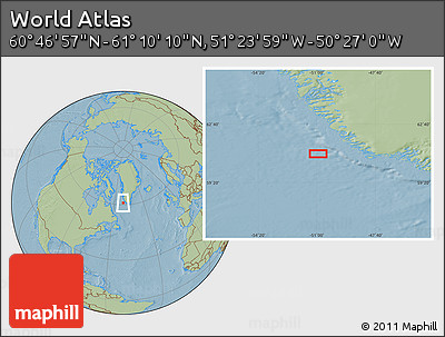 Savanna Style Location Map of the Area around 60°&nbsp;58'&nbsp;34"&nbsp;N,&nbsp;50°&nbsp;55'&nbsp;29"&nbsp;W, hill shading