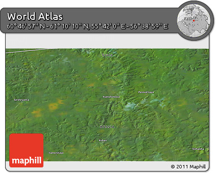 Satellite 3D Map of the Area around 60° 58' 34" N, 56° 10' 29" E