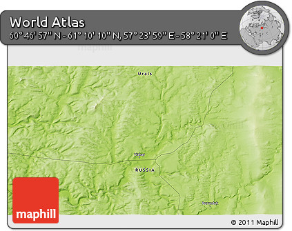 Physical 3D Map of the Area around 60° 58' 34" N, 57° 52' 30" E