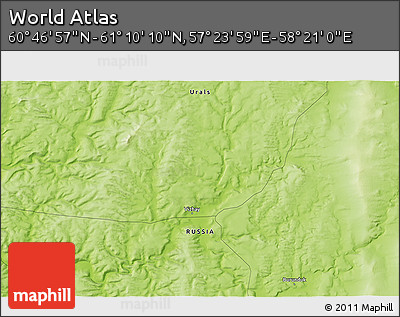 Physical 3D Map of the Area around 60° 58' 34" N, 57° 52' 30" E