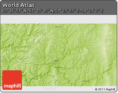 Physical 3D Map of the Area around 60° 58' 34" N, 57° 52' 30" E