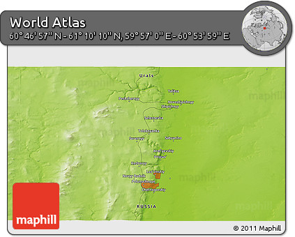 Physical 3D Map of the Area around 60° 58' 34" N, 60° 25' 29" E