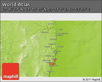 Physical 3D Map of the Area around 60° 58' 34" N, 60° 25' 29" E