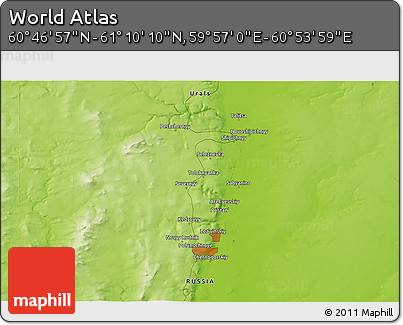 Physical 3D Map of the Area around 60° 58' 34" N, 60° 25' 29" E