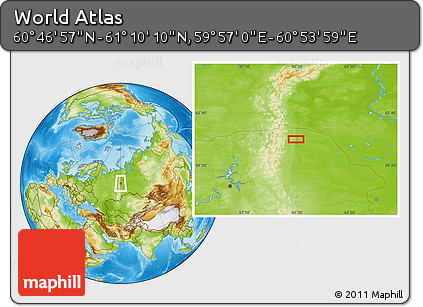 Physical Location Map of the Area around 60° 58' 34" N, 60° 25' 29" E