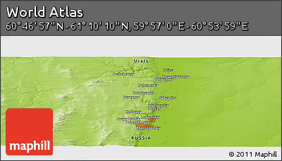 Physical Panoramic Map of the Area around 60° 58' 34" N, 60° 25' 29" E