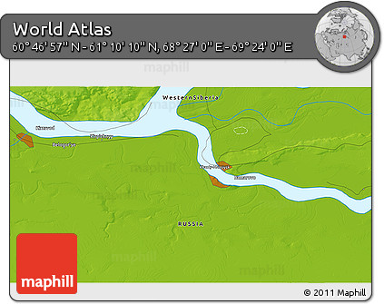 Physical 3D Map of the Area around 60° 58' 34" N, 68° 55' 30" E