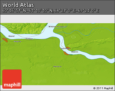 Physical 3D Map of the Area around 60° 58' 34" N, 68° 55' 30" E