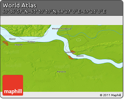 Physical 3D Map of the Area around 60° 58' 34" N, 68° 55' 30" E