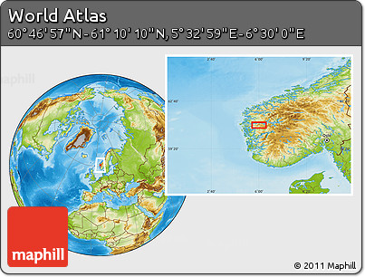 Physical Location Map of the Area around 60° 58' 34" N, 6° 1' 30" E