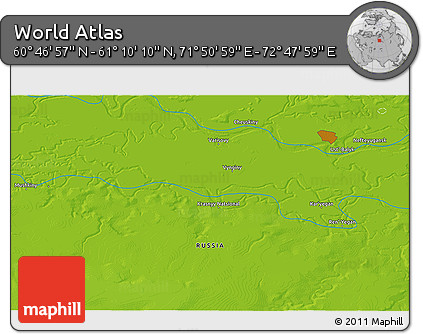 Physical 3D Map of the Area around 60° 58' 34" N, 72° 19' 29" E