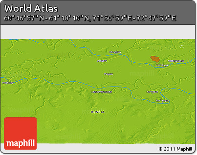 Physical 3D Map of the Area around 60° 58' 34" N, 72° 19' 29" E