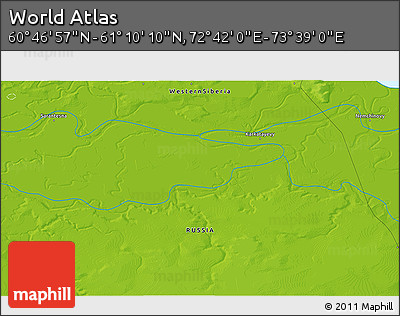 Physical 3D Map of the Area around 60° 58' 34" N, 73° 10' 30" E