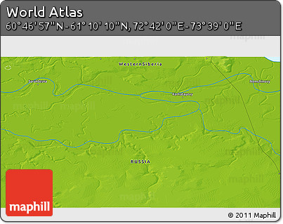 Physical 3D Map of the Area around 60° 58' 34" N, 73° 10' 30" E