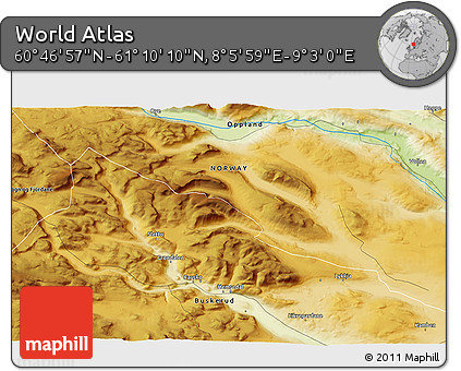 Physical 3D Map of the Area around 60° 58' 34" N, 8° 34' 29" E