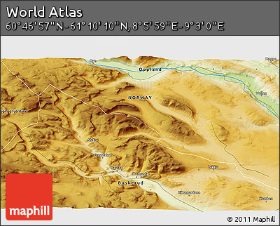 Physical 3D Map of the Area around 60° 58' 34" N, 8° 34' 29" E
