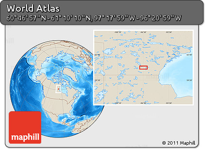 Shaded Relief Location Map of the Area around 60° 58' 34" N, 96° 49' 29" W
