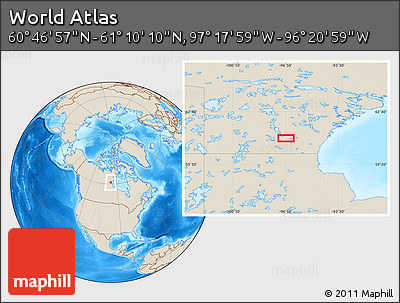 Shaded Relief Location Map of the Area around 60° 58' 34" N, 96° 49' 29" W