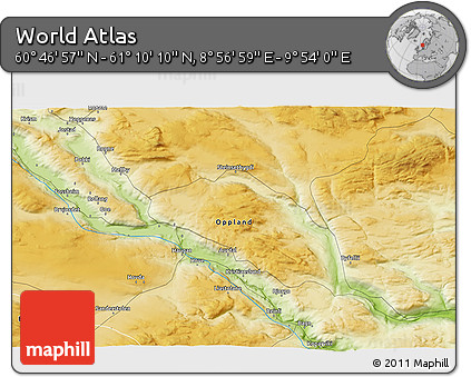 Physical 3D Map of the Area around 60° 58' 34" N, 9° 25' 30" E