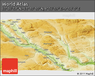 Physical 3D Map of the Area around 60° 58' 34" N, 9° 25' 30" E