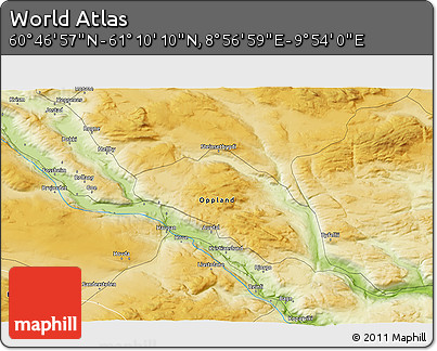 Physical 3D Map of the Area around 60° 58' 34" N, 9° 25' 30" E