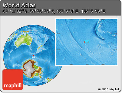 Physical Location Map of the Area around 60° 2' 45" S, 155° 37' 30" E