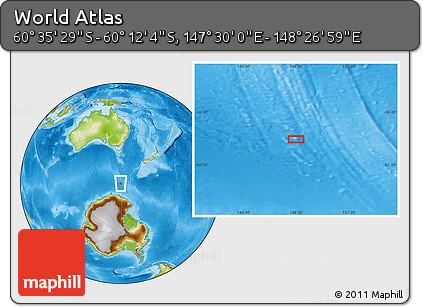 Physical Location Map of the Area around 60° 23' 46" S, 147° 58' 29" E