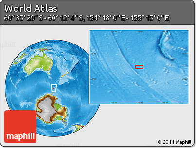 Physical Location Map of the Area around 60° 23' 46" S, 154° 46' 30" E
