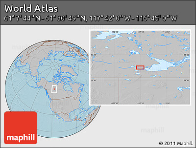 Gray Location Map of the Area around 61° 19' 16" N, 117° 13' 29" W, hill shading