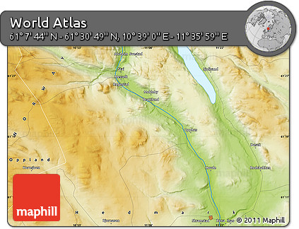 Physical Map of the Area around 61° 19' 16" N, 11° 7' 30" E
