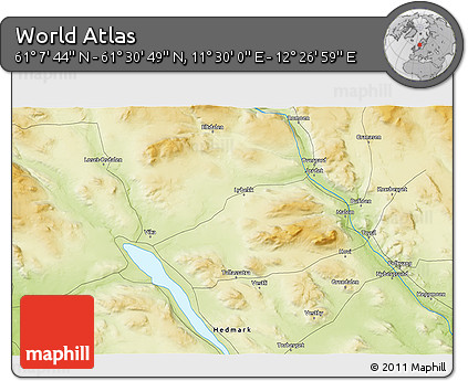 Physical 3D Map of the Area around 61° 19' 16" N, 11° 58' 29" E