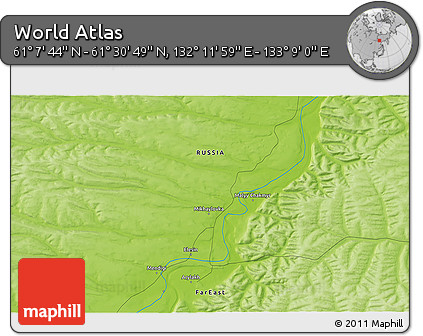 Physical 3D Map of the Area around 61° 19' 16" N, 132° 40' 30" E