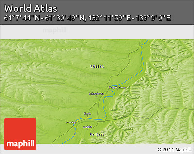 Physical 3D Map of the Area around 61° 19' 16" N, 132° 40' 30" E