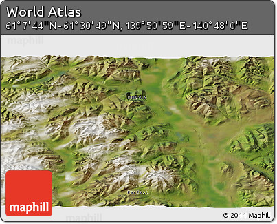 Satellite 3D Map of the Area around 61° 19' 16" N, 140° 19' 29" E