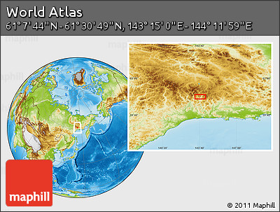 Physical Location Map of the Area around 61° 19' 16" N, 143° 43' 29" E