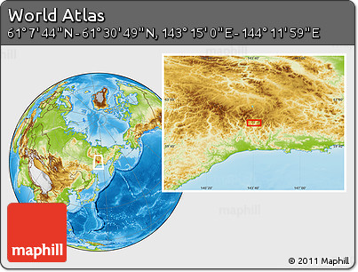 Physical Location Map of the Area around 61° 19' 16" N, 143° 43' 29" E