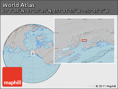 Gray Location Map of the Area around 61° 19' 16" N, 151° 13' 29" W, hill shading