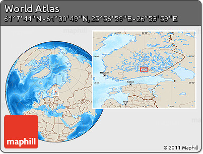 Shaded Relief Location Map of the Area around 61° 19' 16" N, 26° 25' 29" E