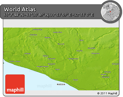 Physical 3D Map of the Area around 61° 19' 16" N, 32° 22' 30" E