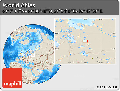 Shaded Relief Location Map of the Area around 61° 19' 16" N, 38° 19' 30" E